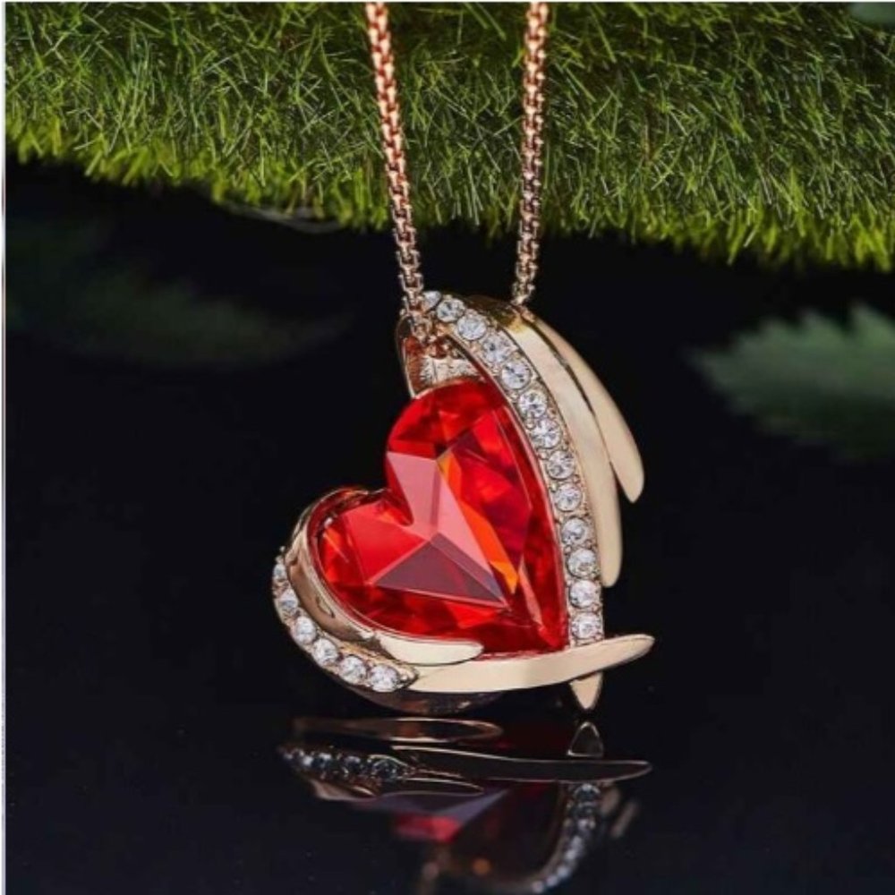Red Crystal Heart Wrapped in Angel Wings Necklace Nwt